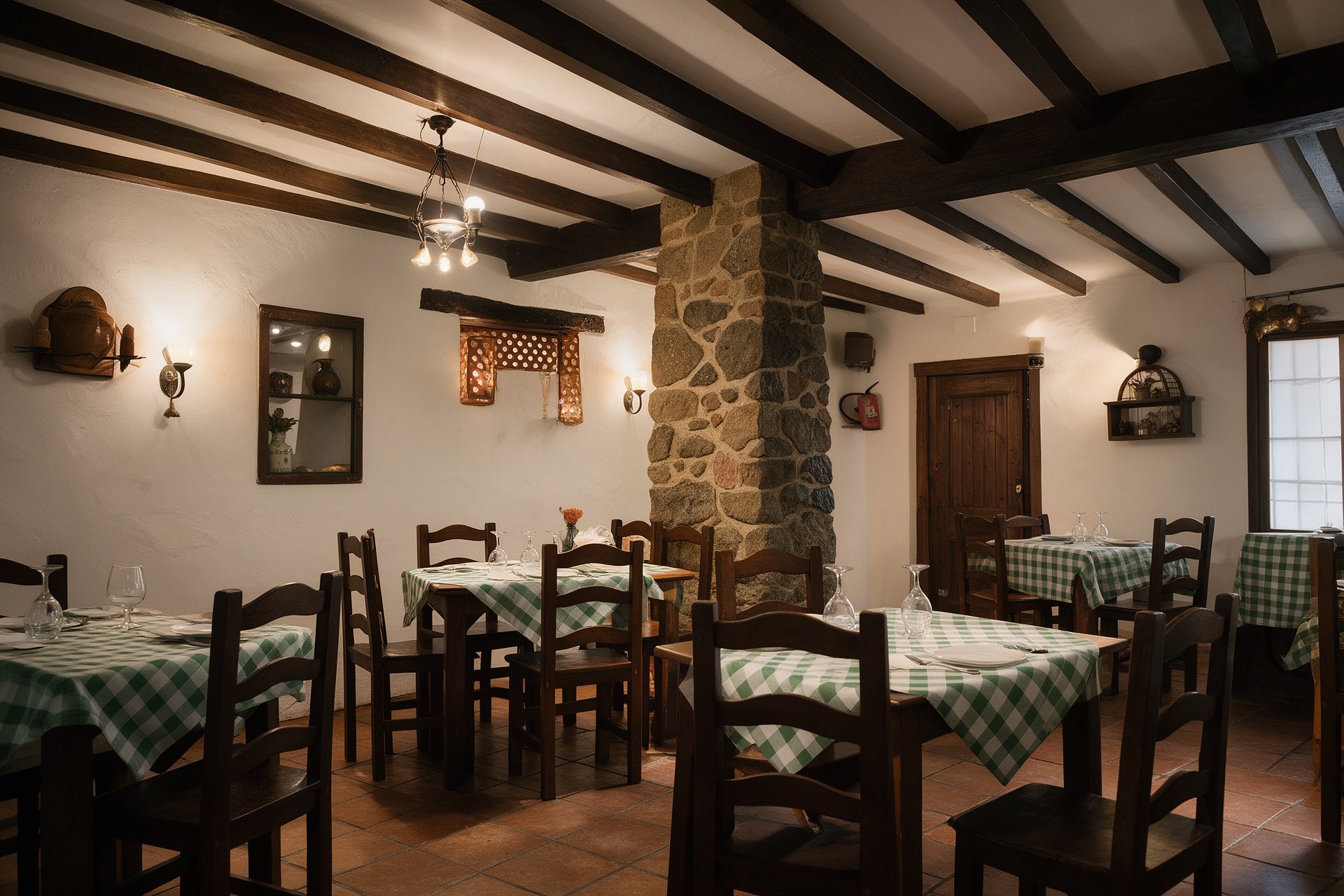 Comedor del Bar Restaurante Reyes con vigas de madera y mesas con mantel verde y blanco