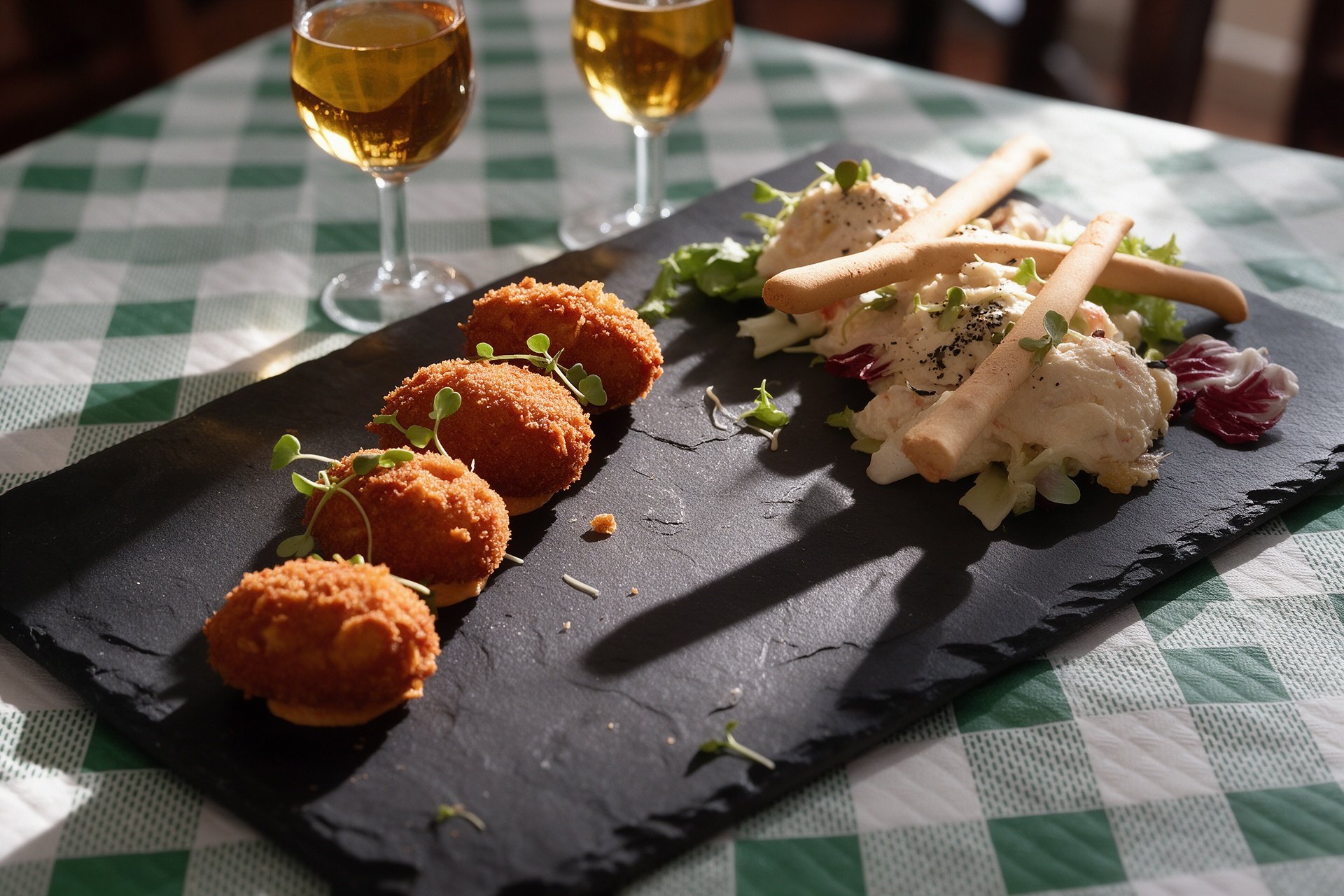 Croquetas doradas y ensaladilla sobre una pizarra con dos cervezas