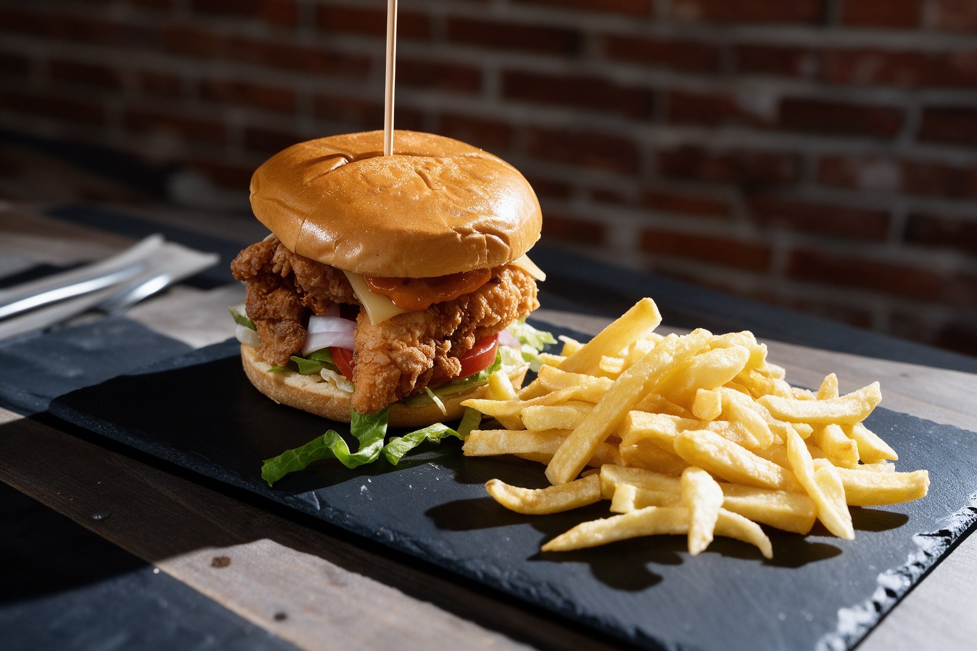 Hamburguesa con patatas fritas sobre plato de pizarra