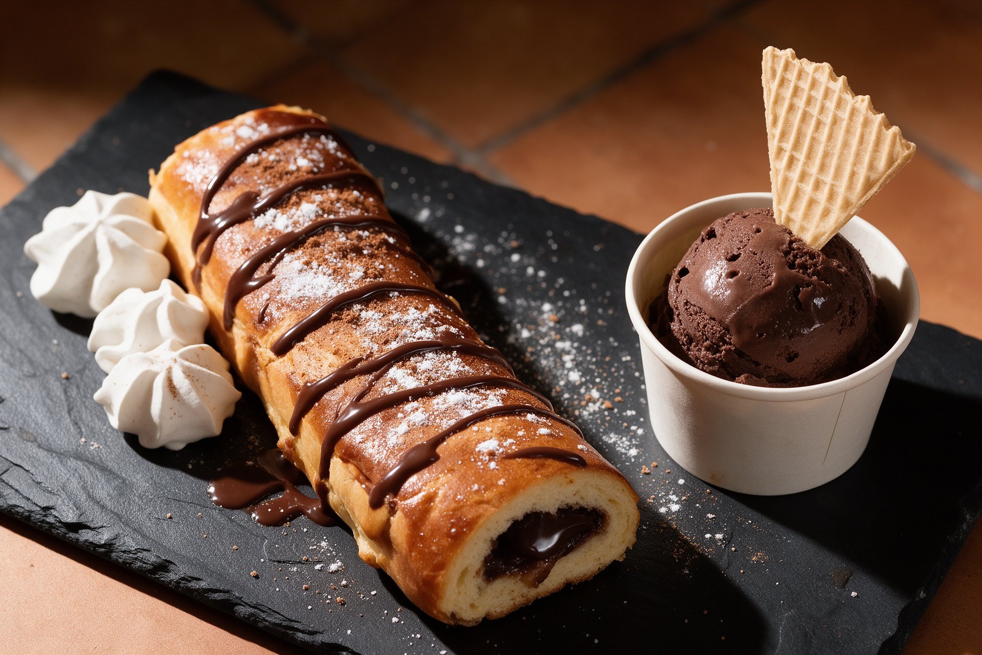 Brioche de chocolate con helado sobre una pizarra